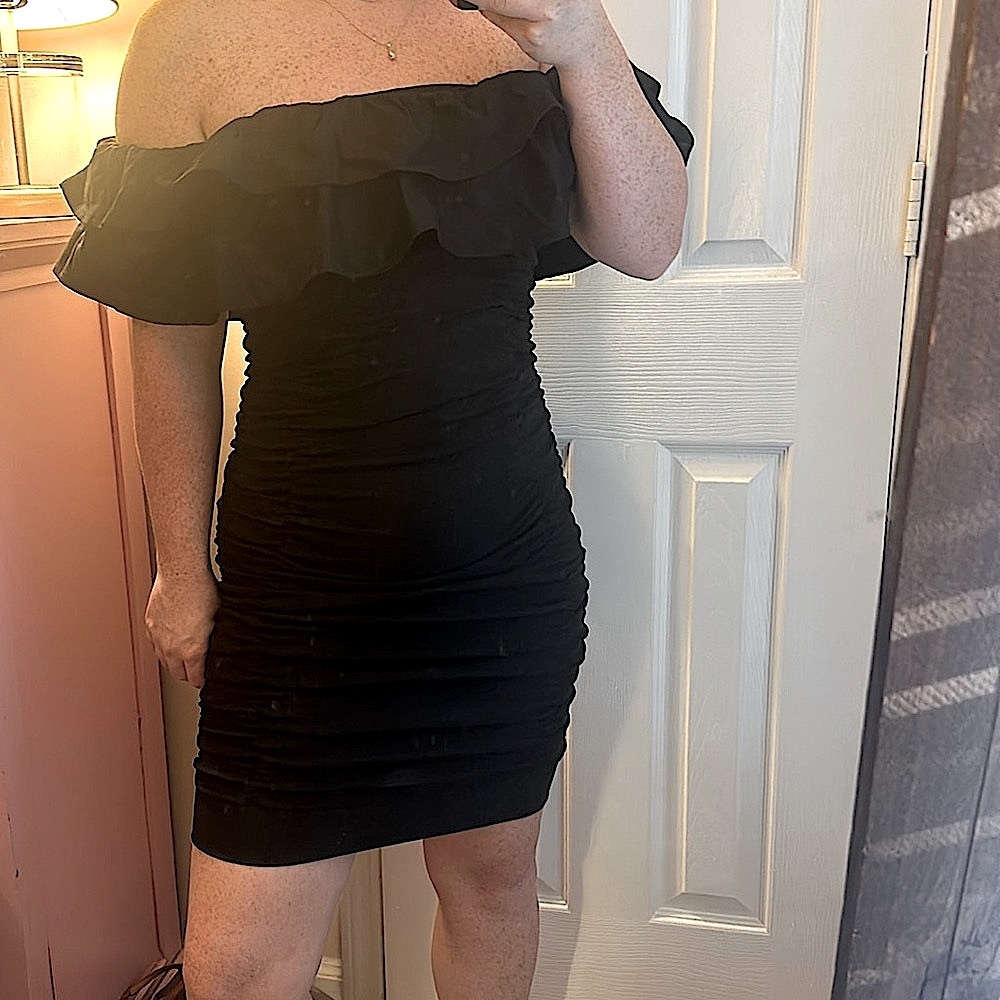 Black Of the Shoulder Ruched Ruffle Dress